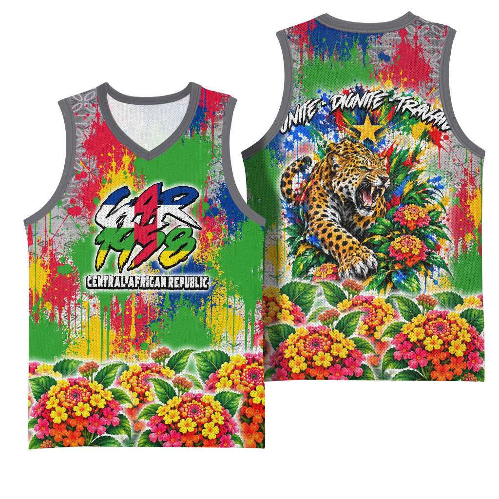 Central African Republic 1958 Basketball Jersey Leopard Colorful Paint Splatter Patriotic Flag