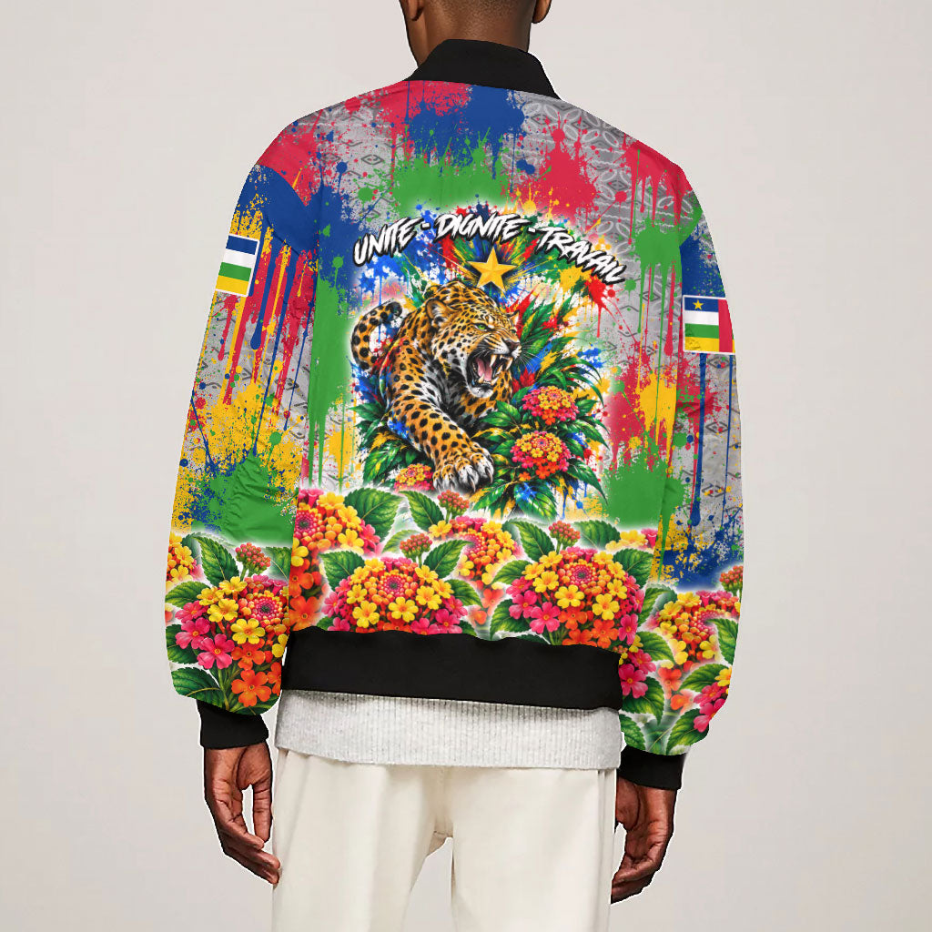 Central African Republic 1958 Bomber Jacket Leopard Colorful Paint Splatter Patriotic Flag