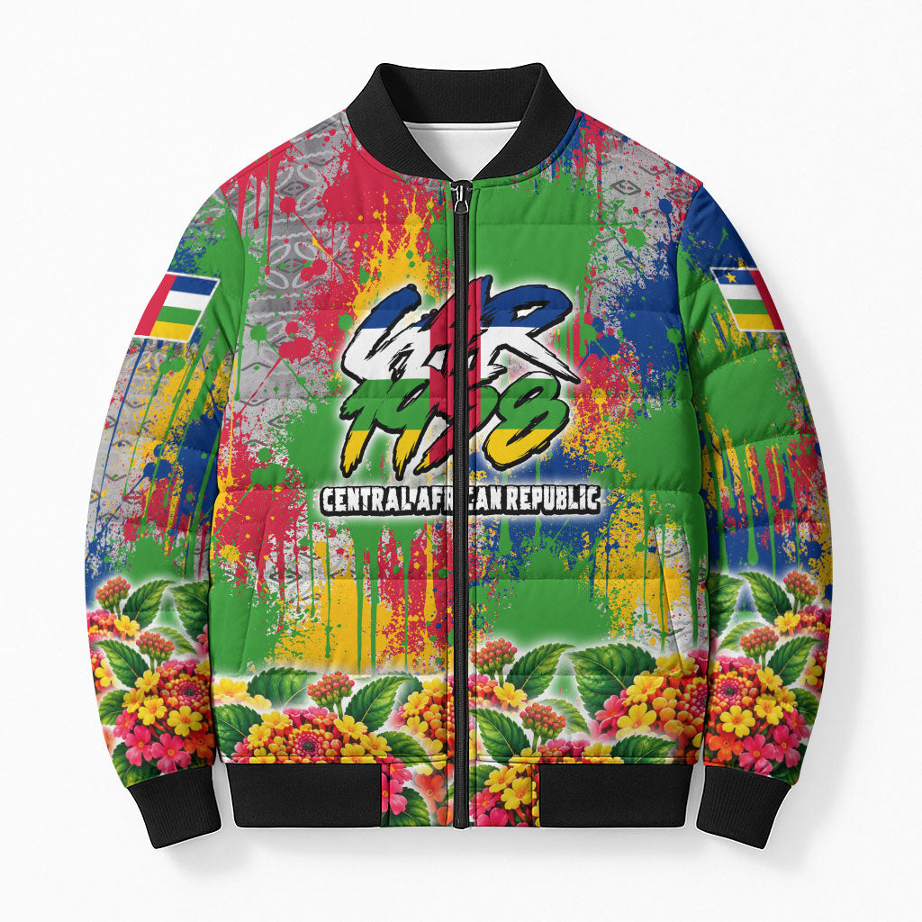 Central African Republic 1958 Bomber Puffer Jacket Leopard Colorful Paint Splatter Patriotic Flag