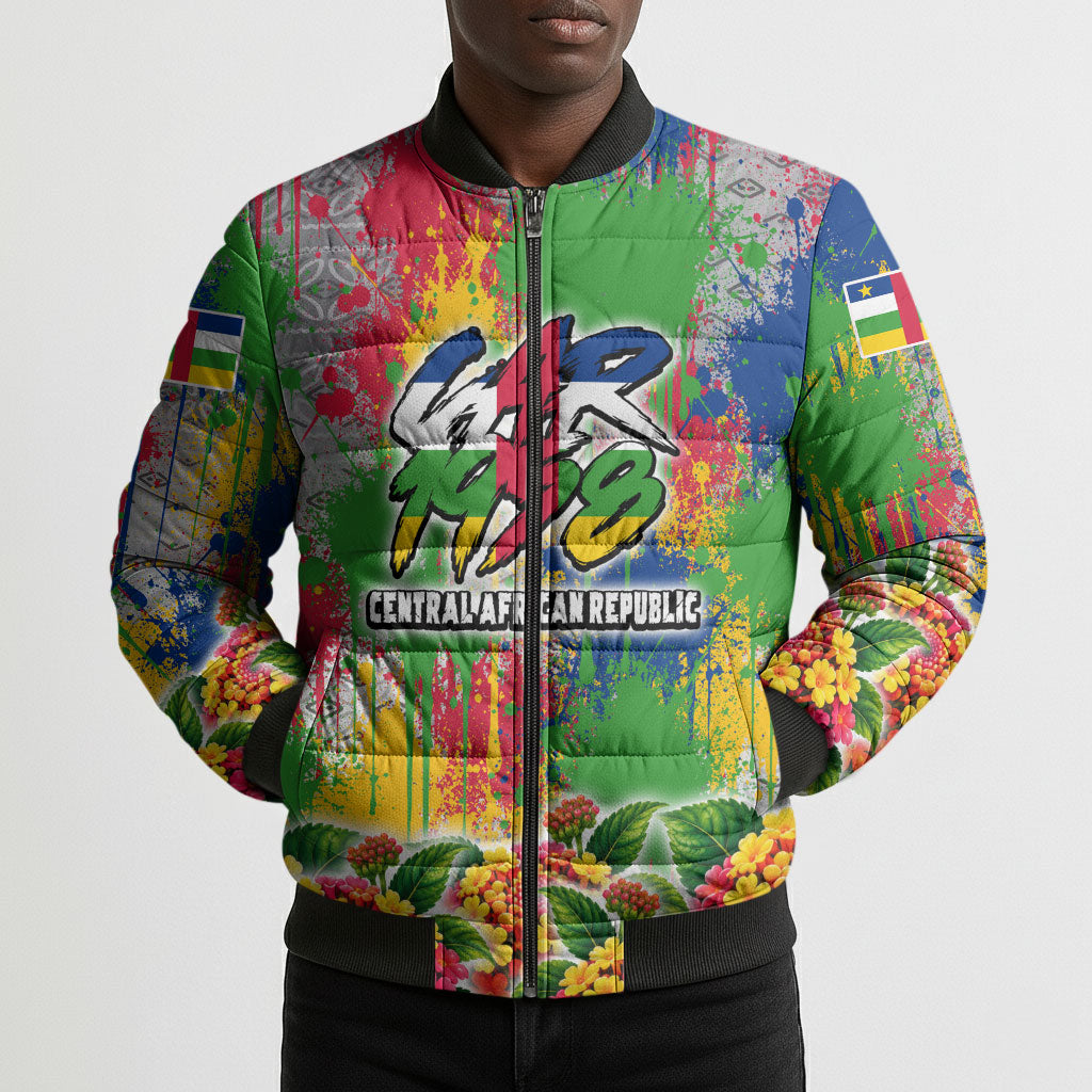 Central African Republic 1958 Bomber Puffer Jacket Leopard Colorful Paint Splatter Patriotic Flag