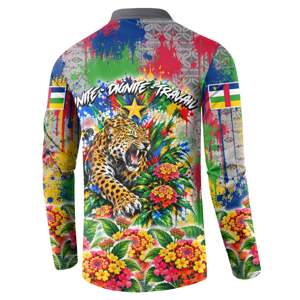 Central African Republic 1958 Button Sweatshirt Leopard Colorful Paint Splatter Patriotic Flag