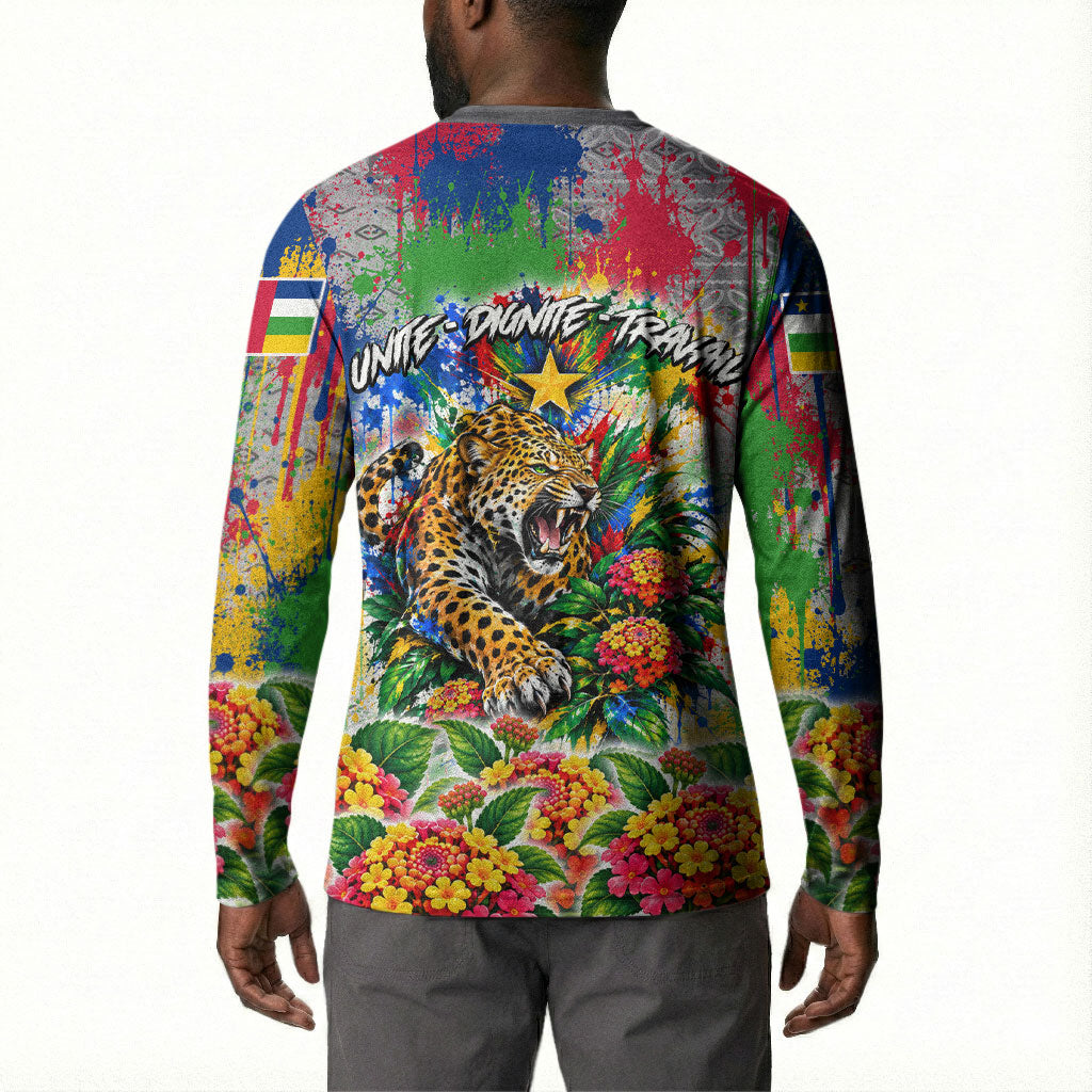 Central African Republic 1958 Button Sweatshirt Leopard Colorful Paint Splatter Patriotic Flag