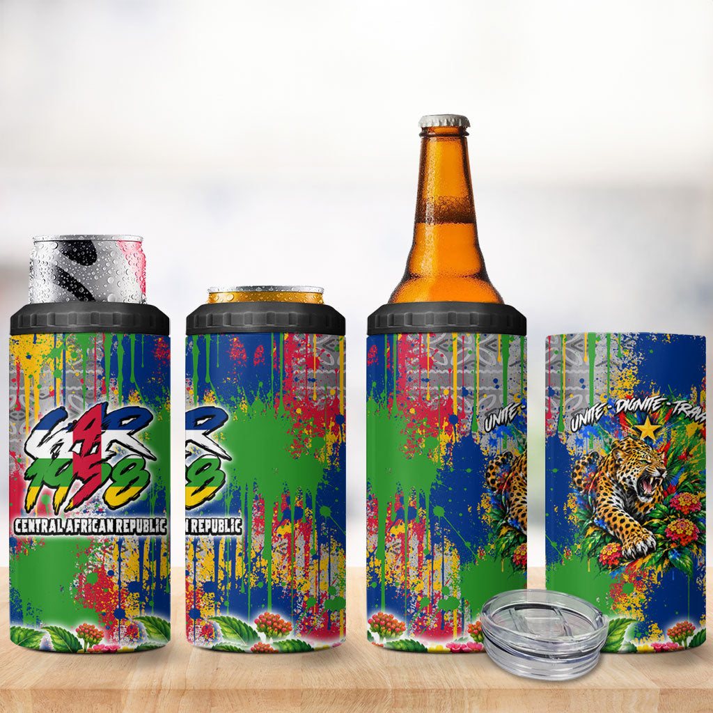Central African Republic 1958 4 in 1 Can Cooler Tumbler Leopard Colorful Paint Splatter Patriotic Flag