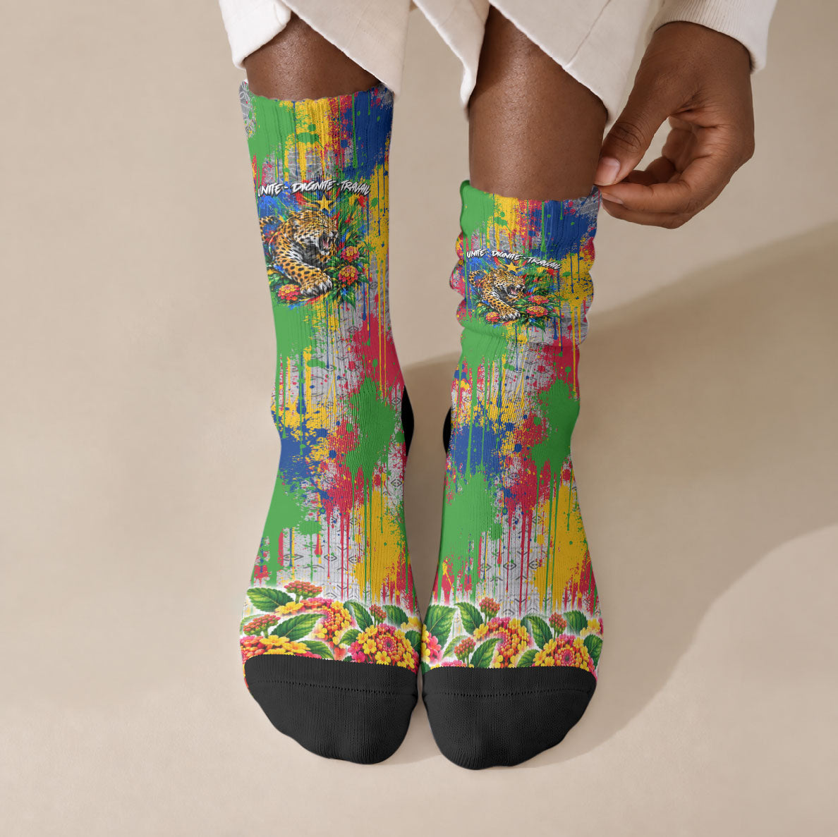 Central African Republic 1958 Crew Socks Leopard Colorful Paint Splatter Patriotic Flag