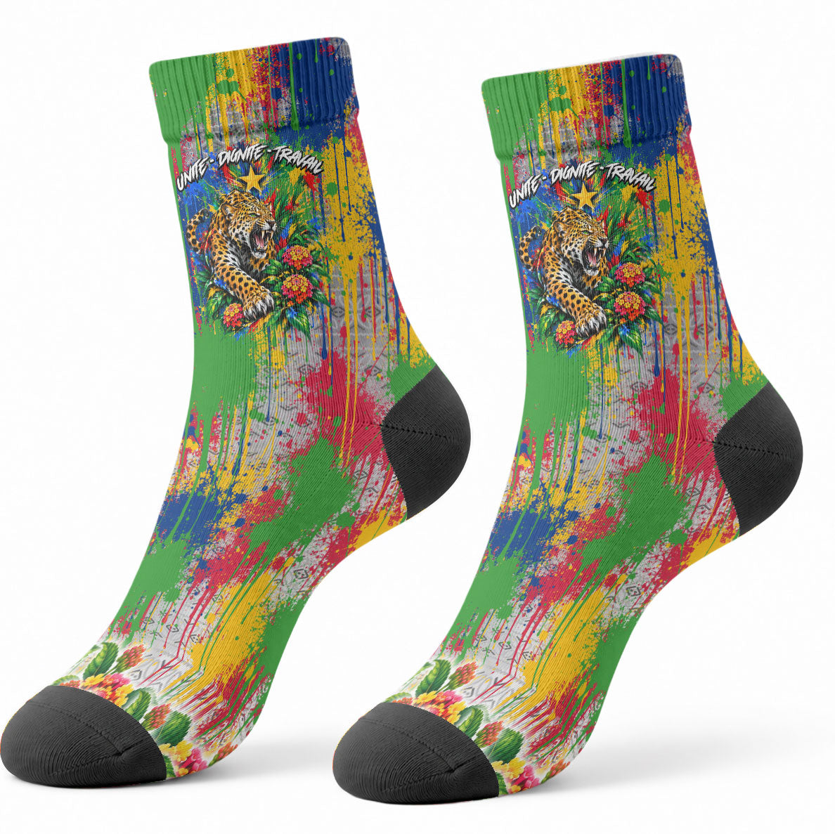 Central African Republic 1958 Crew Socks Leopard Colorful Paint Splatter Patriotic Flag