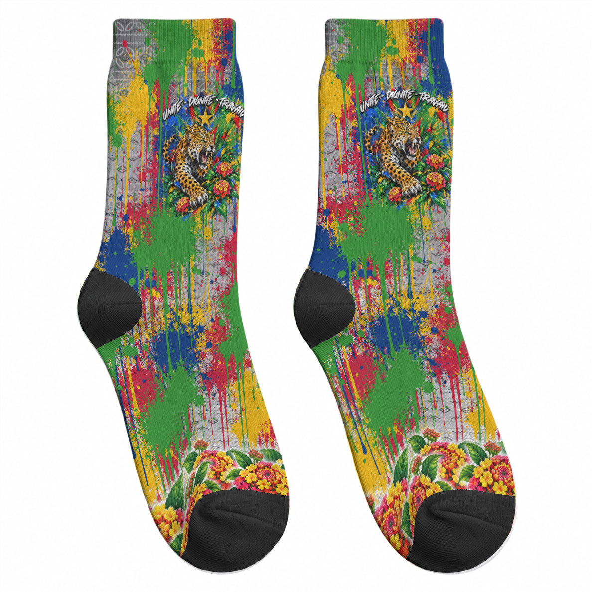 Central African Republic 1958 Crew Socks Leopard Colorful Paint Splatter Patriotic Flag
