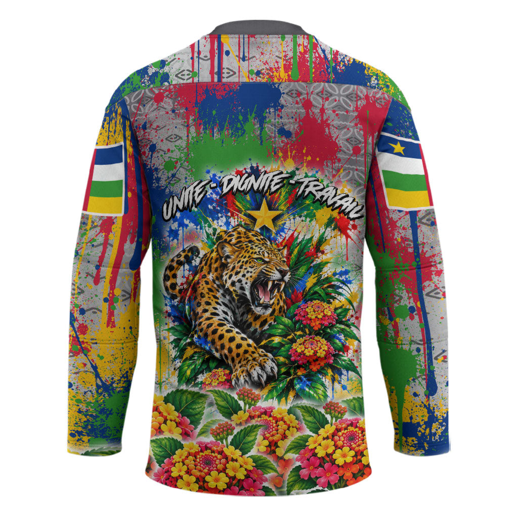 Central African Republic 1958 Hockey Jersey Leopard Colorful Paint Splatter Patriotic Flag