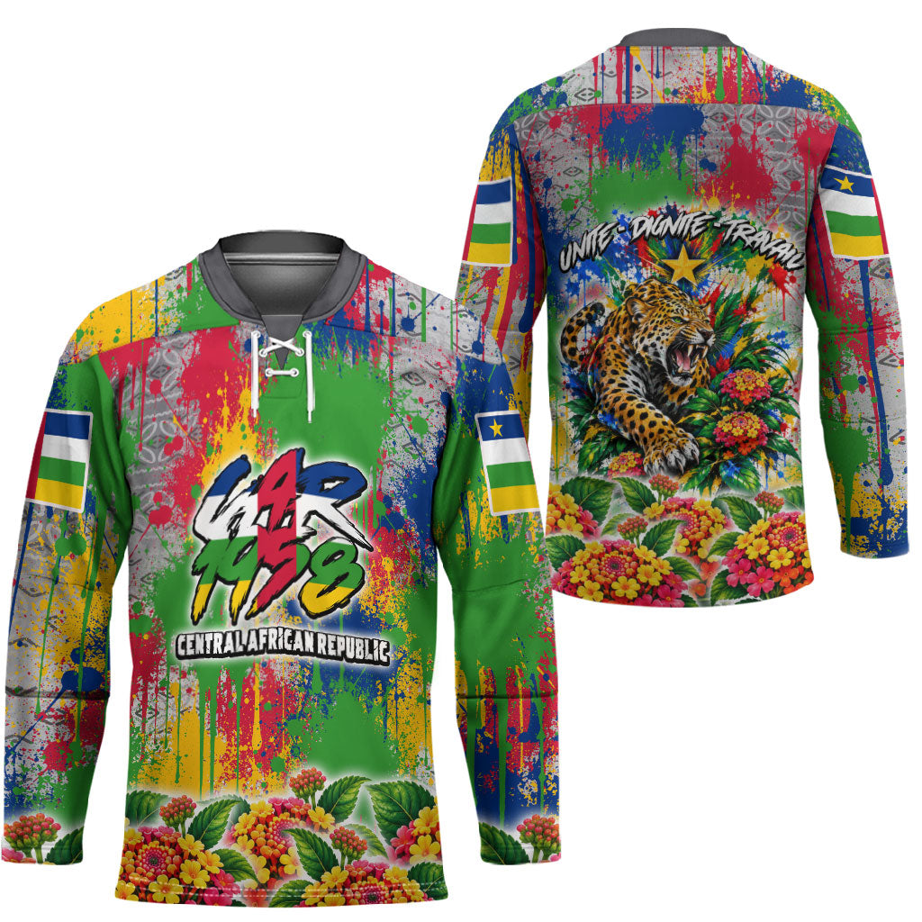 Central African Republic 1958 Hockey Jersey Leopard Colorful Paint Splatter Patriotic Flag