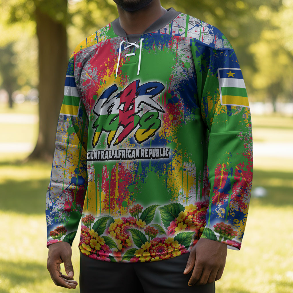 Central African Republic 1958 Hockey Jersey Leopard Colorful Paint Splatter Patriotic Flag