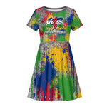 Central African Republic 1958 Kid Short Sleeve Dress Leopard Colorful Paint Splatter Patriotic Flag