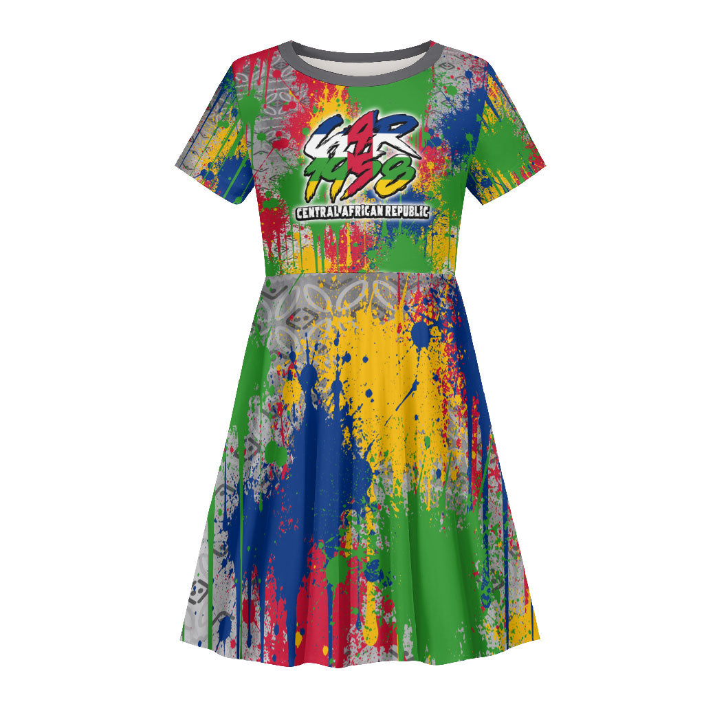 Central African Republic 1958 Kid Short Sleeve Dress Leopard Colorful Paint Splatter Patriotic Flag
