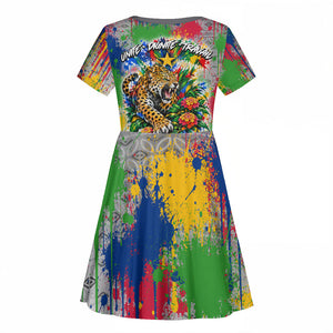 Central African Republic 1958 Kid Short Sleeve Dress Leopard Colorful Paint Splatter Patriotic Flag