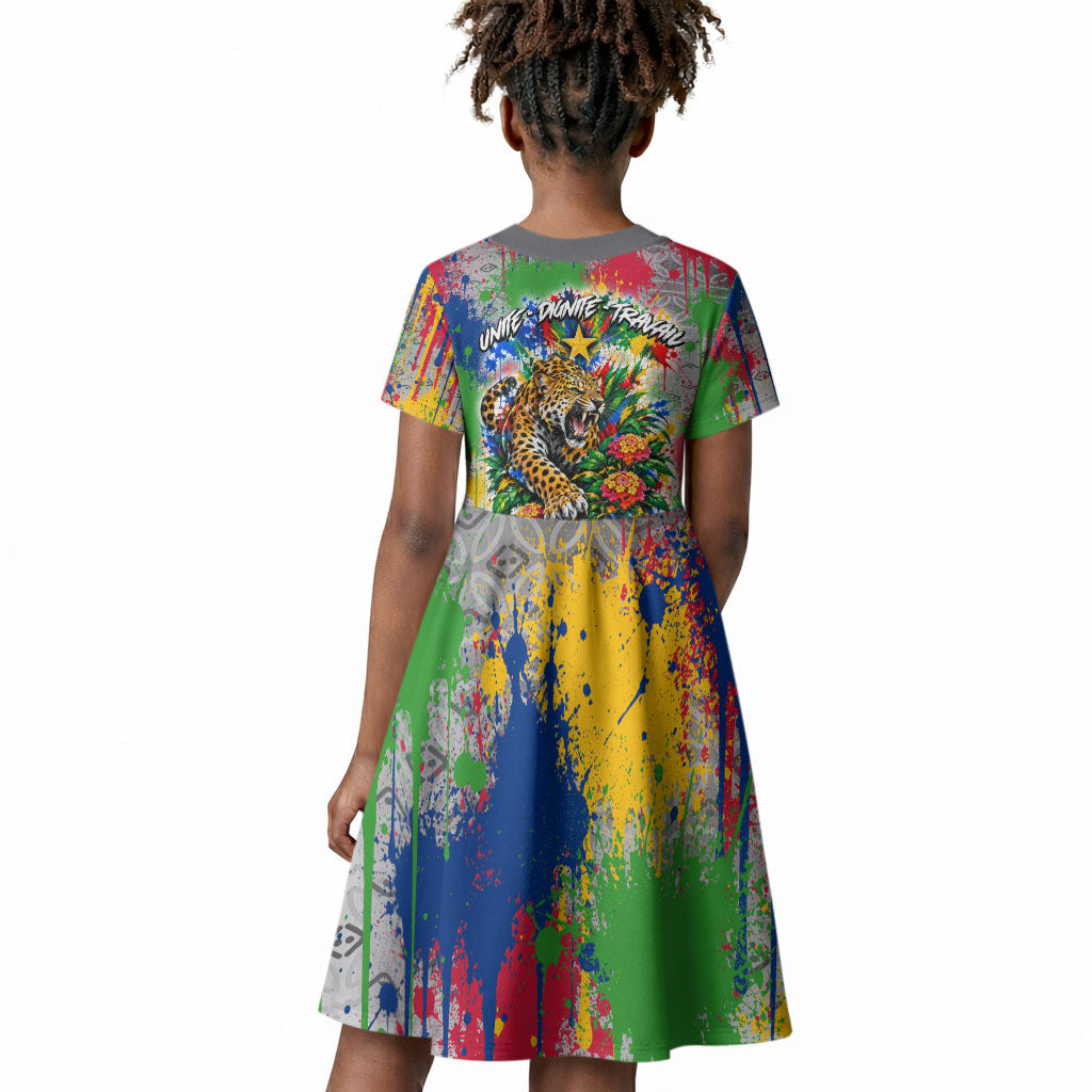 Central African Republic 1958 Kid Short Sleeve Dress Leopard Colorful Paint Splatter Patriotic Flag