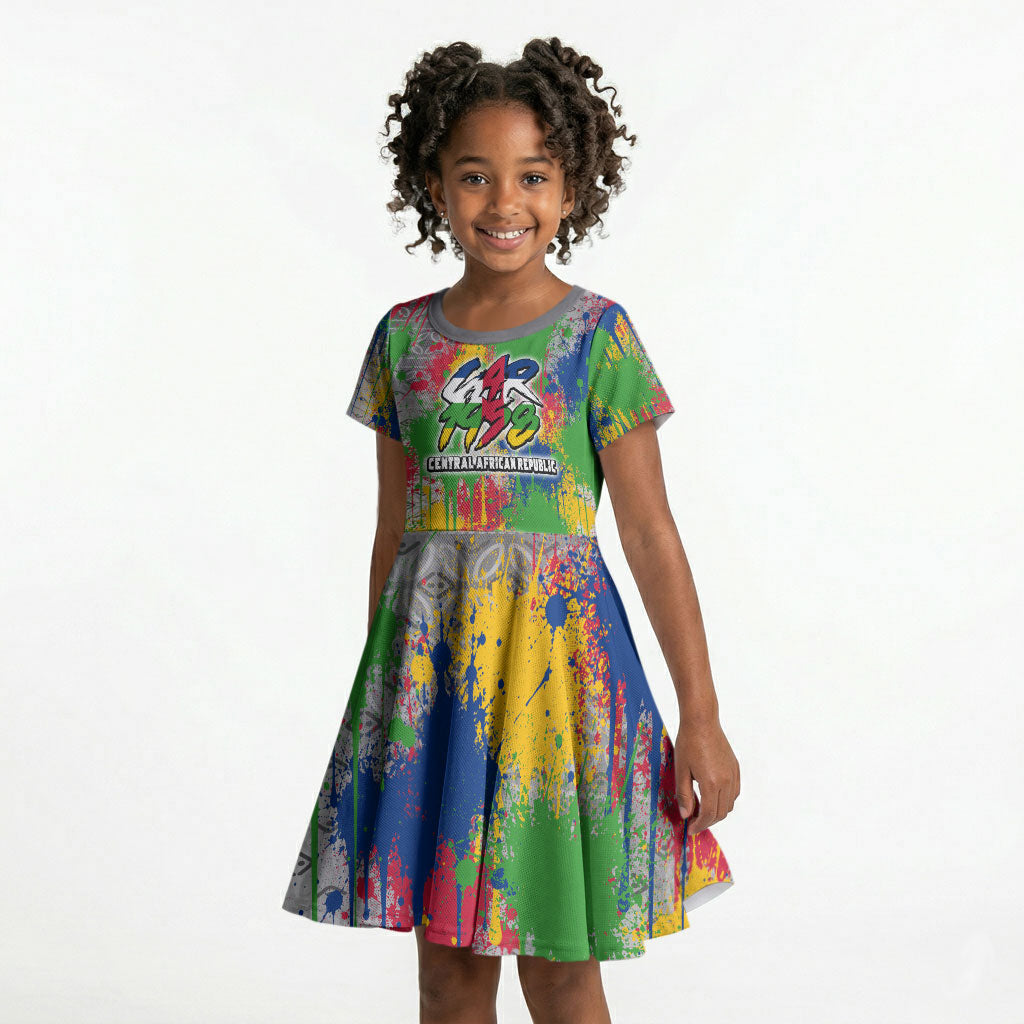 Central African Republic 1958 Kid Short Sleeve Dress Leopard Colorful Paint Splatter Patriotic Flag