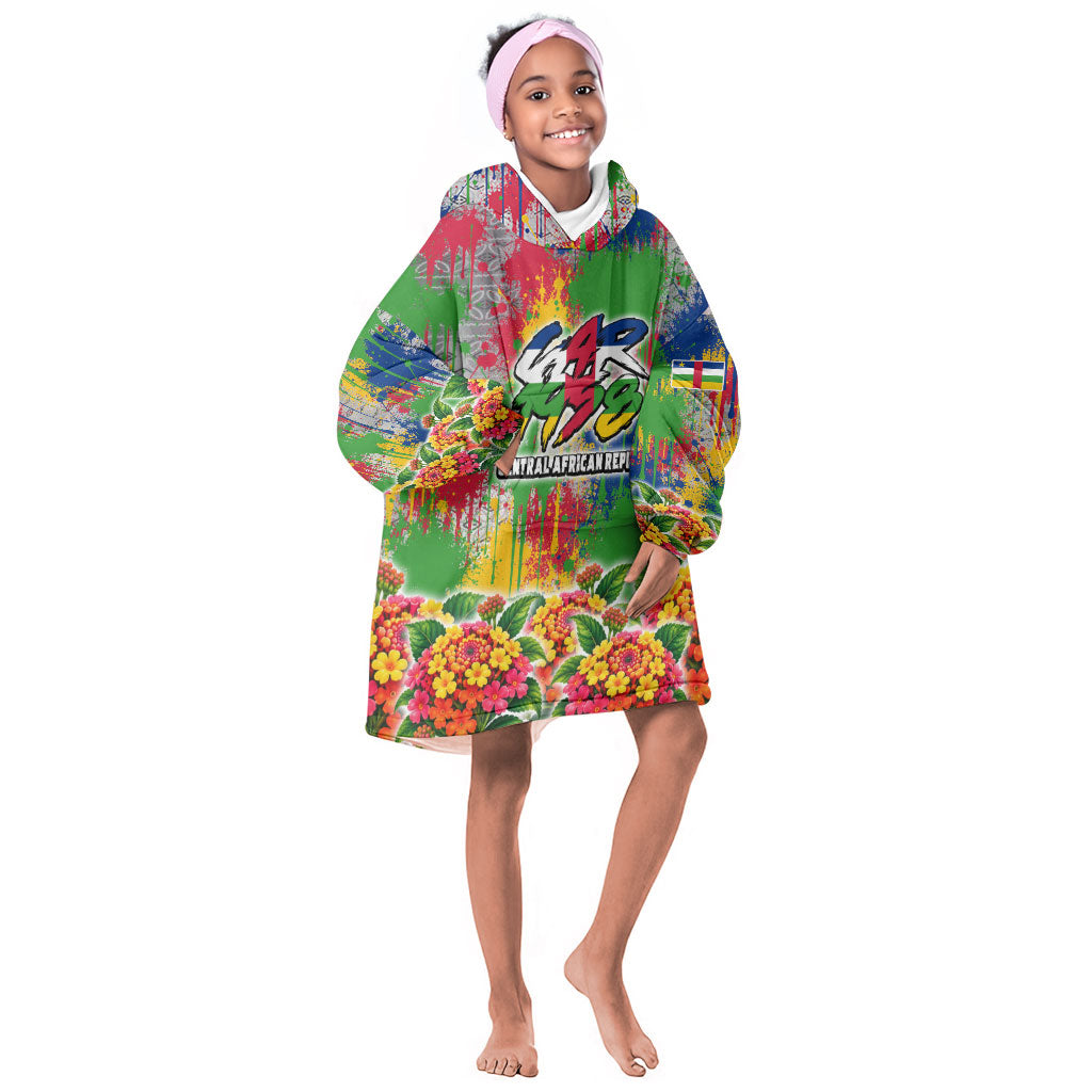 Central African Republic 1958 Kid Wearable Blanket Hoodie Leopard Colorful Paint Splatter Patriotic Flag