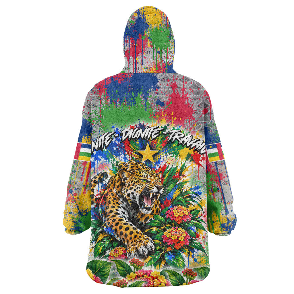 Central African Republic 1958 Kid Wearable Blanket Hoodie Leopard Colorful Paint Splatter Patriotic Flag