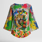Central African Republic 1958 Kimono Sleeve Blouse Leopard Colorful Paint Splatter Patriotic Flag