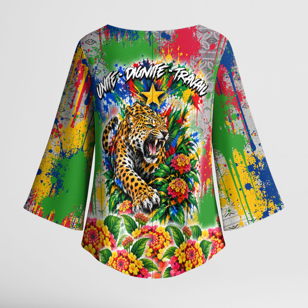 Central African Republic 1958 Kimono Sleeve Blouse Leopard Colorful Paint Splatter Patriotic Flag