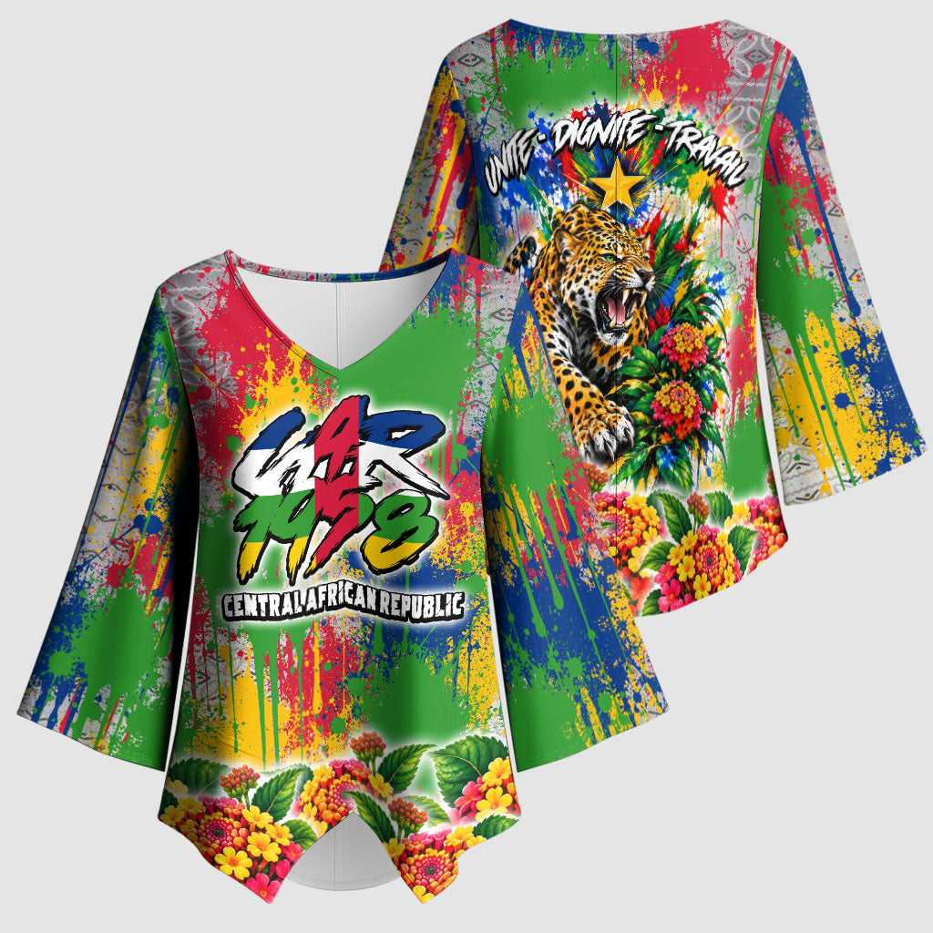 Central African Republic 1958 Kimono Sleeve Blouse Leopard Colorful Paint Splatter Patriotic Flag