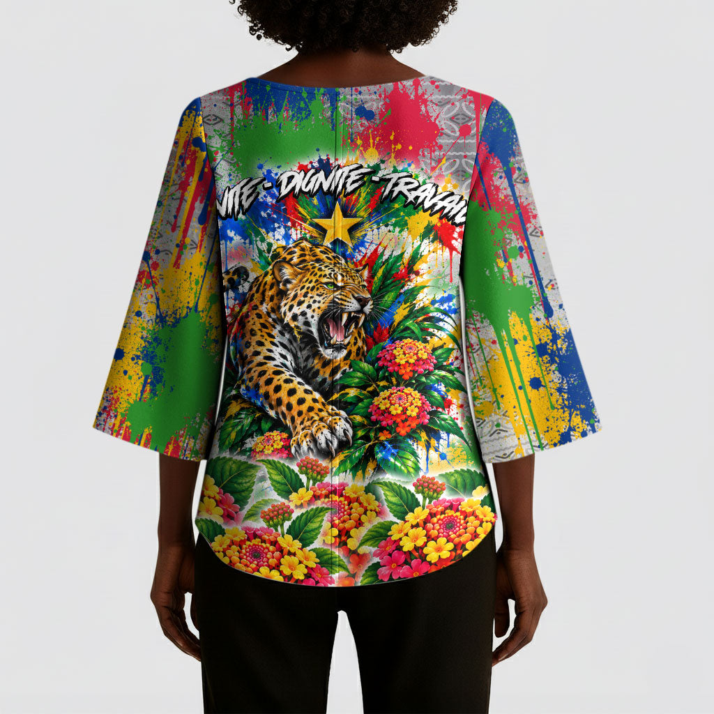 Central African Republic 1958 Kimono Sleeve Blouse Leopard Colorful Paint Splatter Patriotic Flag