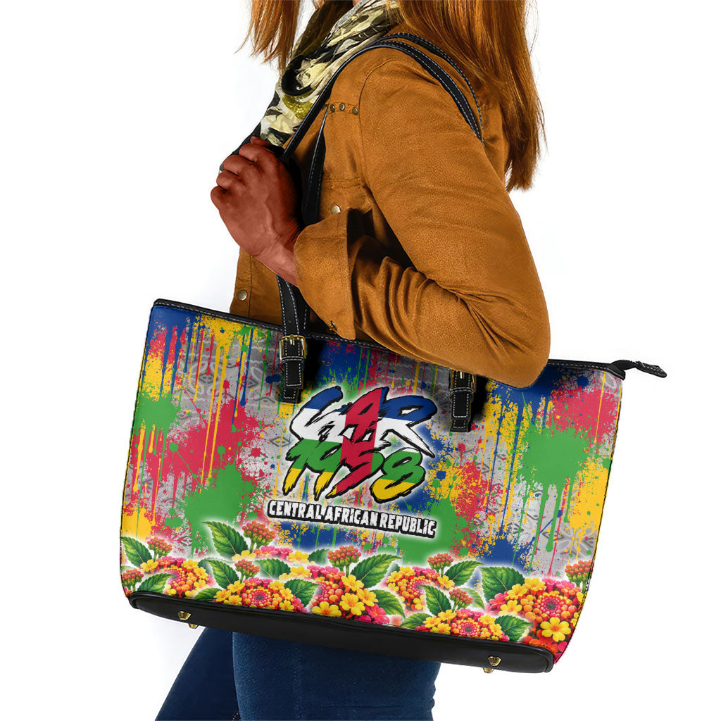 Central African Republic 1958 Leather Tote Bag Leopard Colorful Paint Splatter Patriotic Flag