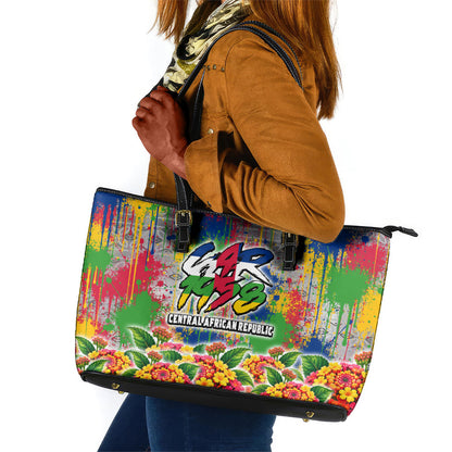 Central African Republic 1958 Leather Tote Bag Leopard Colorful Paint Splatter Patriotic Flag