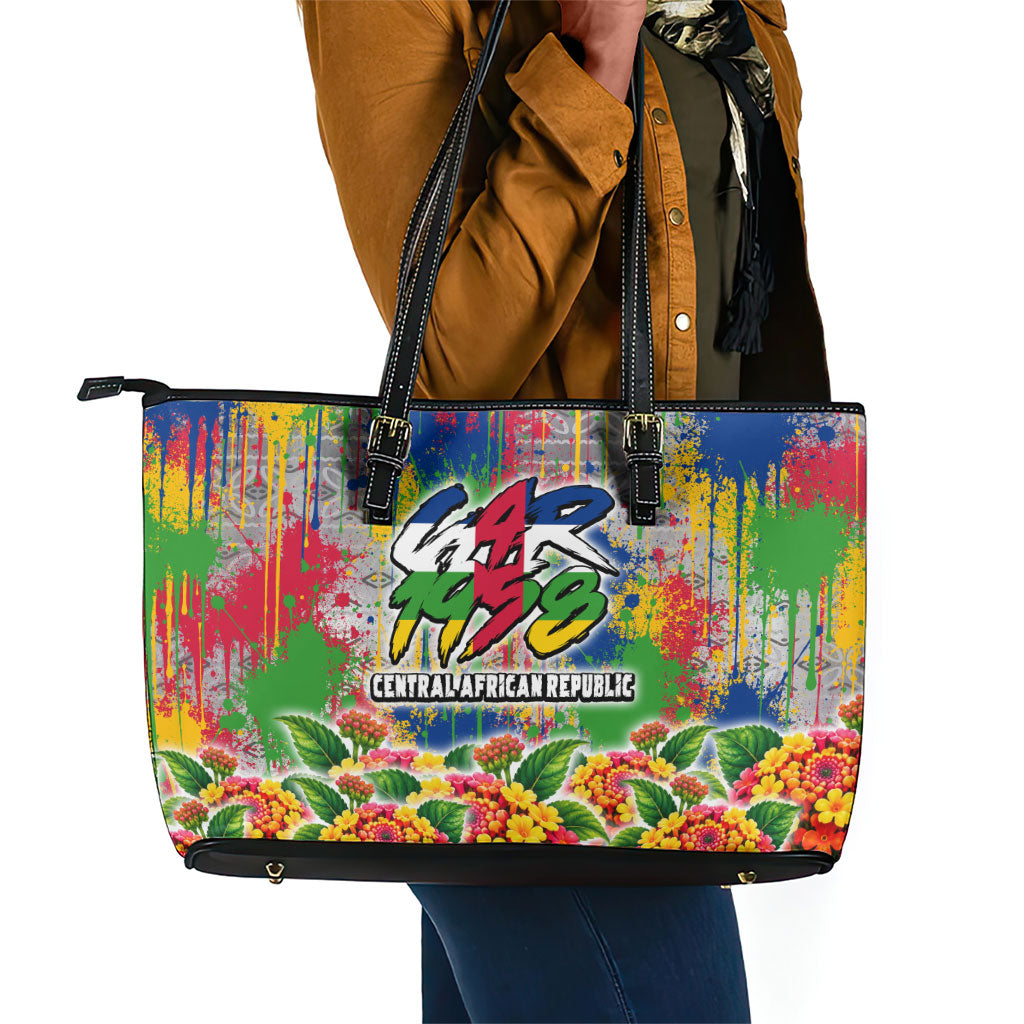 Central African Republic 1958 Leather Tote Bag Leopard Colorful Paint Splatter Patriotic Flag