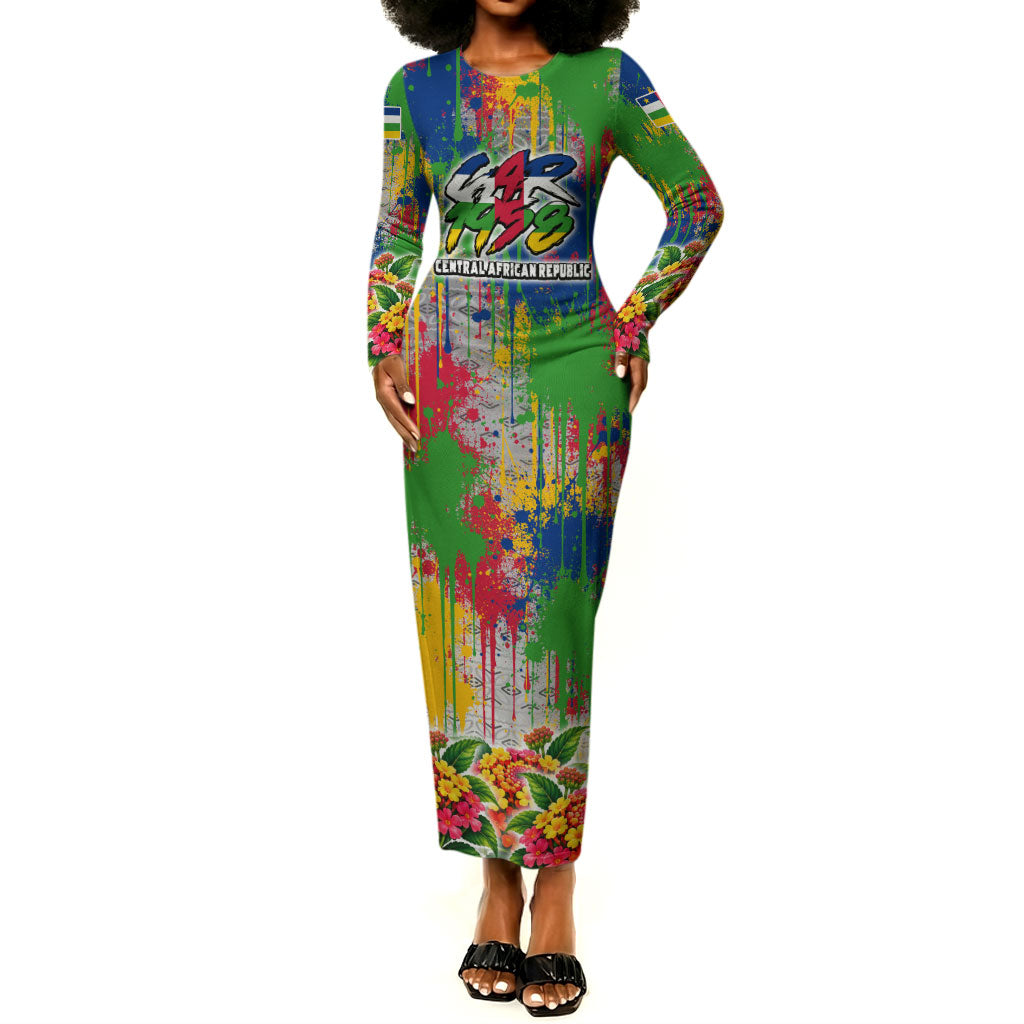 Central African Republic 1958 Long Sleeve Bodycon Dress Leopard Colorful Paint Splatter Patriotic Flag