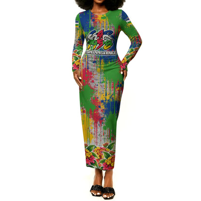 Central African Republic 1958 Long Sleeve Bodycon Dress Leopard Colorful Paint Splatter Patriotic Flag