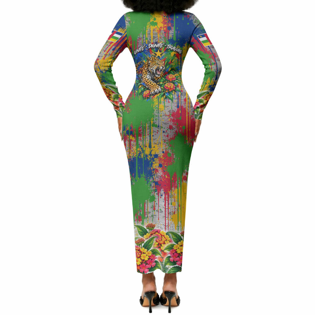 Central African Republic 1958 Long Sleeve Bodycon Dress Leopard Colorful Paint Splatter Patriotic Flag