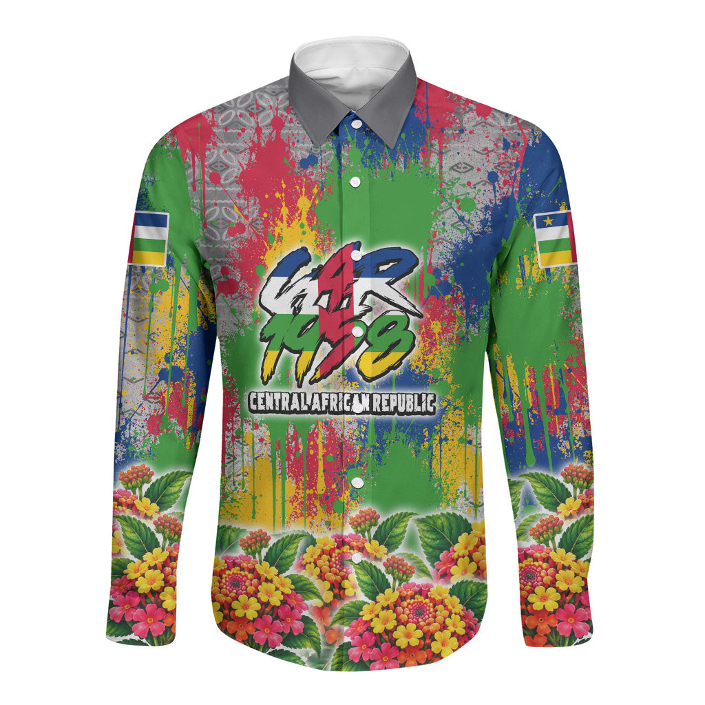 Central African Republic 1958 Long Sleeve Button Shirt Leopard Colorful Paint Splatter Patriotic Flag