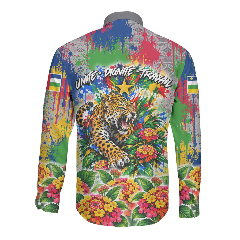 Central African Republic 1958 Long Sleeve Button Shirt Leopard Colorful Paint Splatter Patriotic Flag