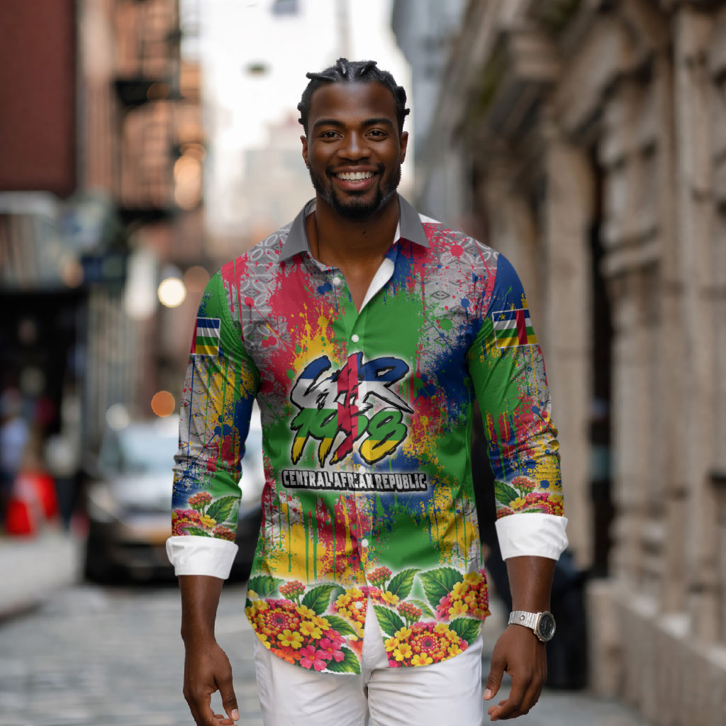 Central African Republic 1958 Long Sleeve Button Shirt Leopard Colorful Paint Splatter Patriotic Flag