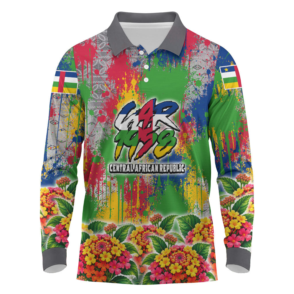 Central African Republic 1958 Long Sleeve Polo Shirt Leopard Colorful Paint Splatter Patriotic Flag