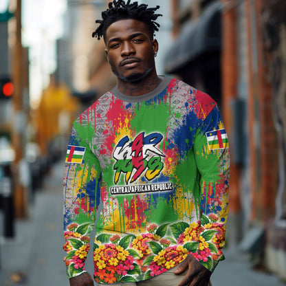 Central African Republic 1958 Long Sleeve Shirt Leopard Colorful Paint Splatter Patriotic Flag