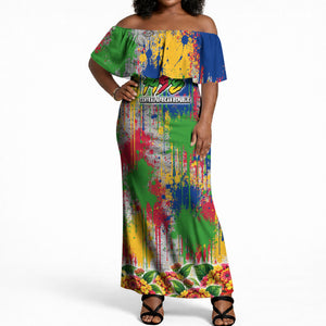 Central African Republic 1958 Off Shoulder Maxi Dress Leopard Colorful Paint Splatter Patriotic Flag