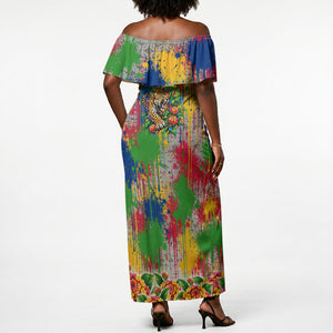 Central African Republic 1958 Off Shoulder Maxi Dress Leopard Colorful Paint Splatter Patriotic Flag