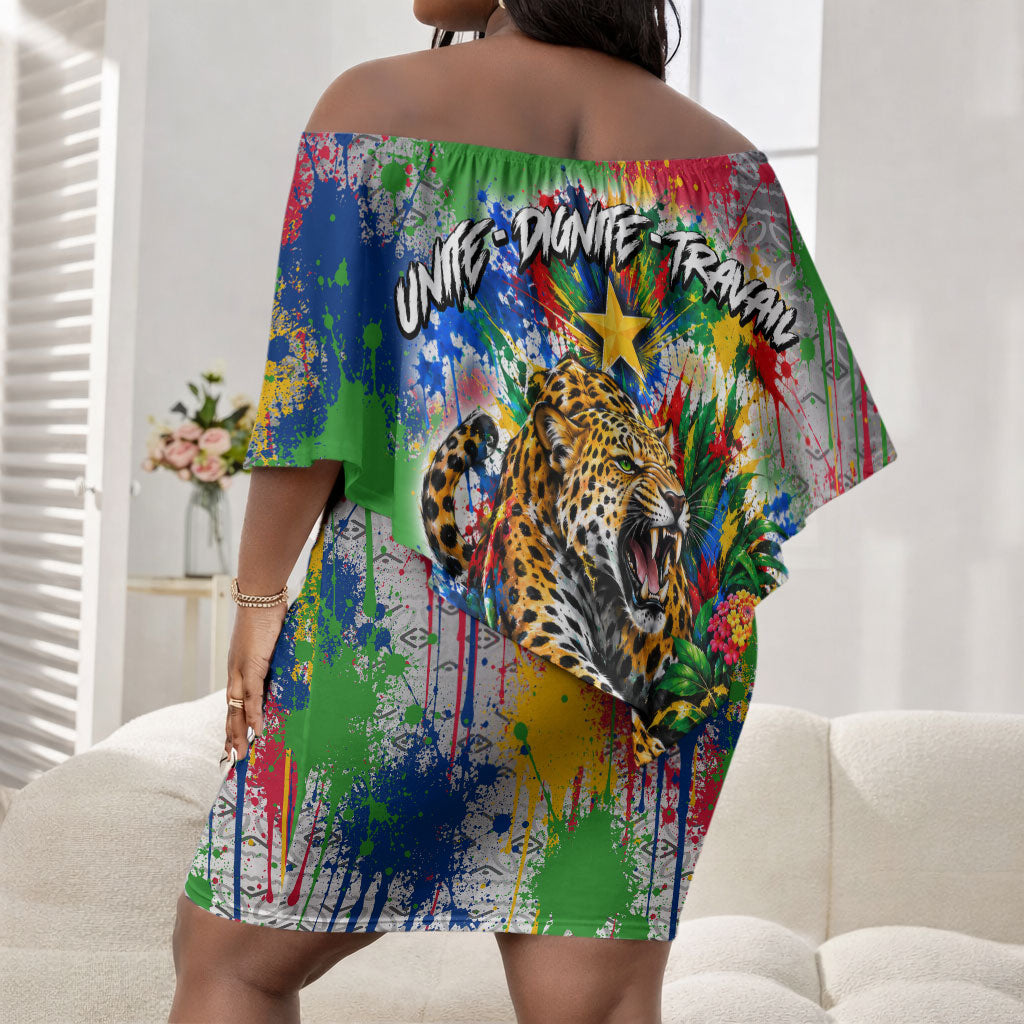 Central African Republic 1958 Off Shoulder Short Dress Leopard Colorful Paint Splatter Patriotic Flag