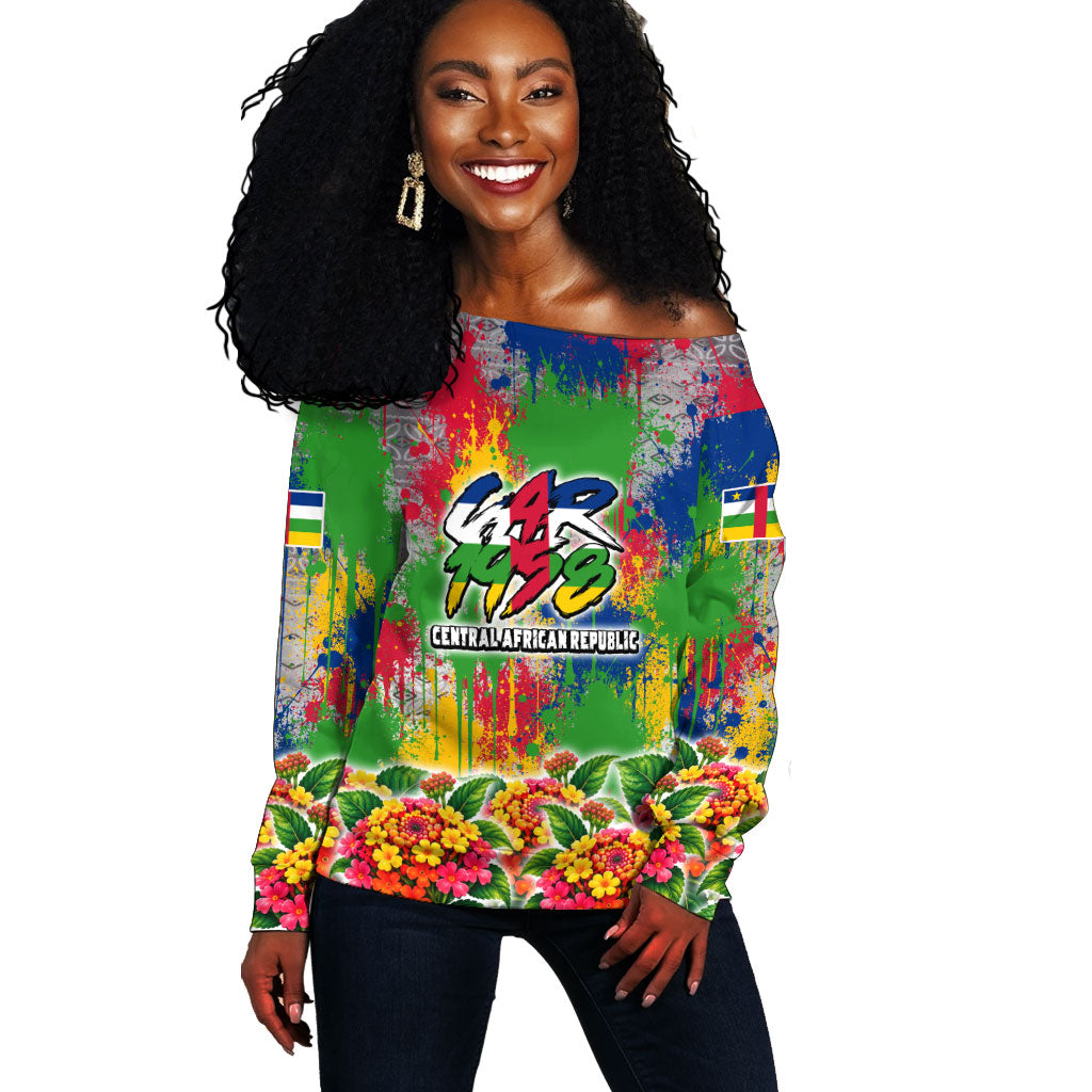 Central African Republic 1958 Off Shoulder Sweater Leopard Colorful Paint Splatter Patriotic Flag