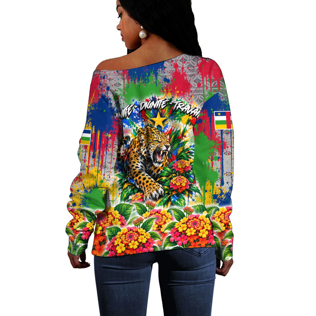 Central African Republic 1958 Off Shoulder Sweater Leopard Colorful Paint Splatter Patriotic Flag
