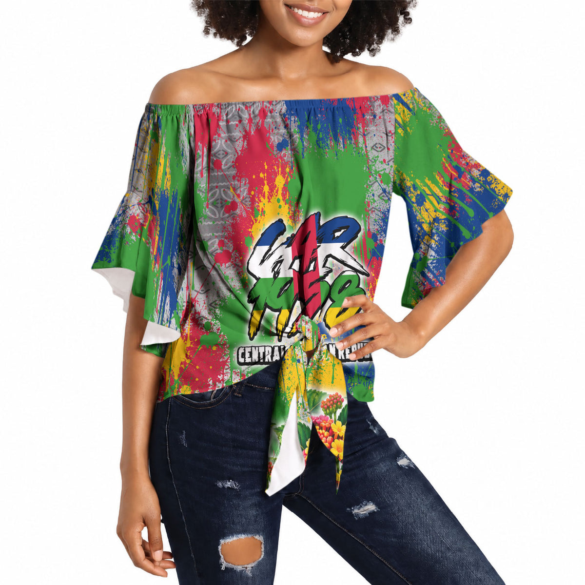 Central African Republic 1958 Off Shoulder Wrap Waist Top Leopard Colorful Paint Splatter Patriotic Flag