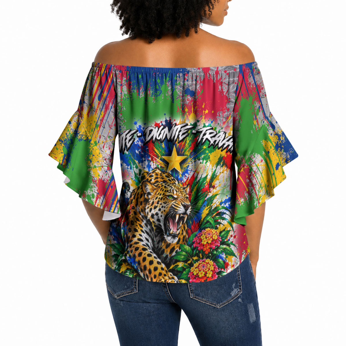 Central African Republic 1958 Off Shoulder Wrap Waist Top Leopard Colorful Paint Splatter Patriotic Flag