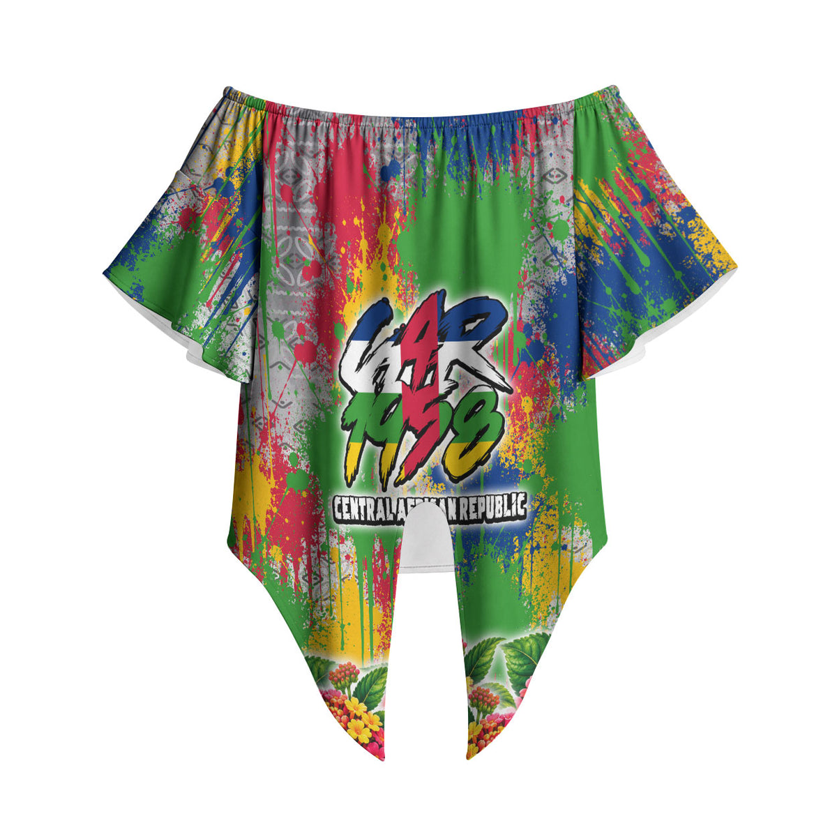 Central African Republic 1958 Off Shoulder Wrap Waist Top Leopard Colorful Paint Splatter Patriotic Flag