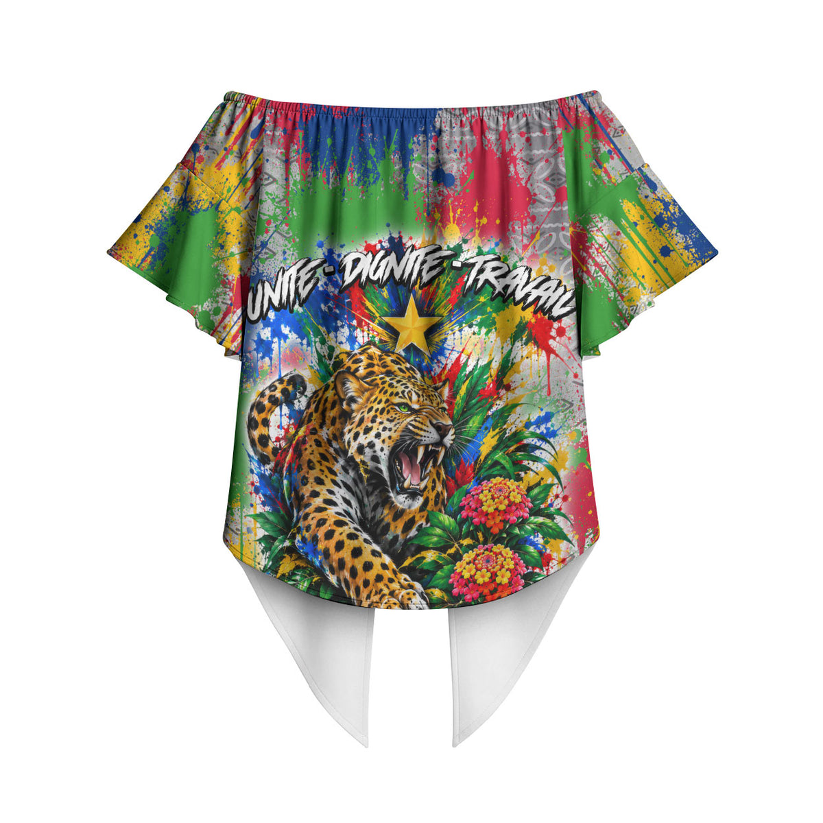 Central African Republic 1958 Off Shoulder Wrap Waist Top Leopard Colorful Paint Splatter Patriotic Flag