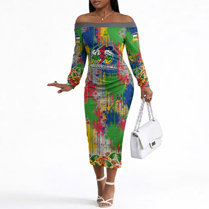 Central African Republic 1958 Off The Shoulder Long Sleeve Dress Leopard Colorful Paint Splatter Patriotic Flag