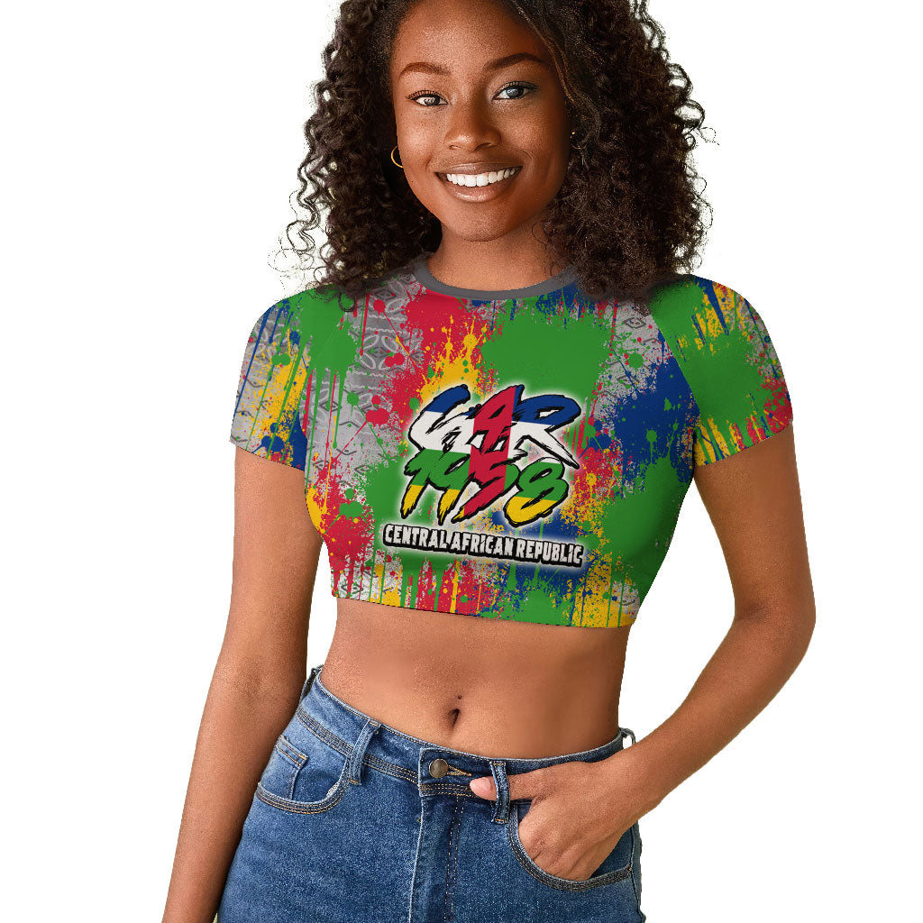 Central African Republic 1958 Raglan Cropped T shirt Leopard Colorful Paint Splatter Patriotic Flag