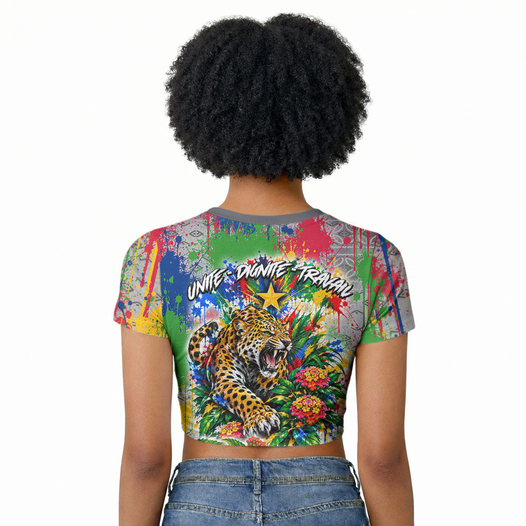 Central African Republic 1958 Raglan Cropped T shirt Leopard Colorful Paint Splatter Patriotic Flag
