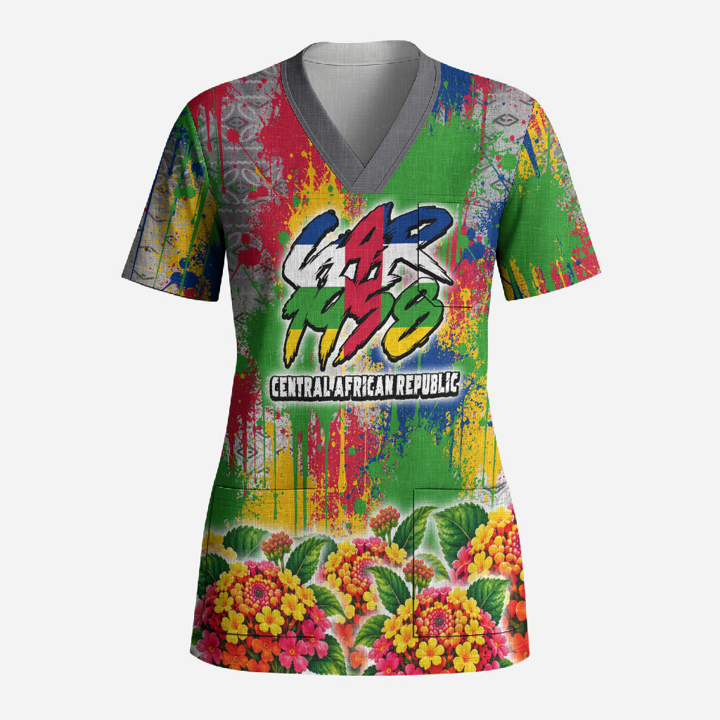 Central African Republic 1958 Scrub Top Leopard Colorful Paint Splatter Patriotic Flag