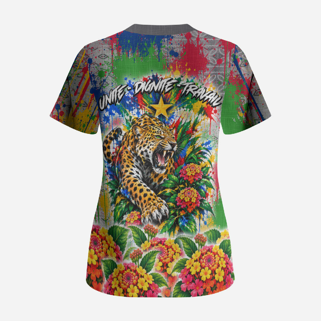 Central African Republic 1958 Scrub Top Leopard Colorful Paint Splatter Patriotic Flag