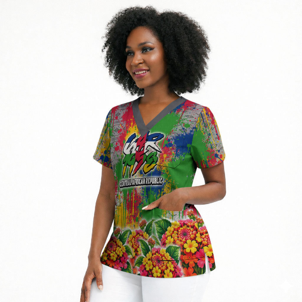 Central African Republic 1958 Scrub Top Leopard Colorful Paint Splatter Patriotic Flag